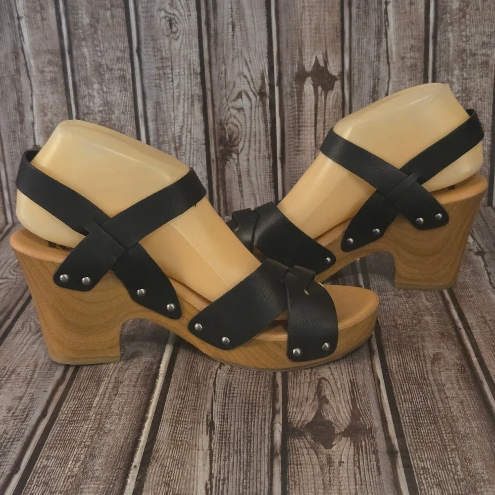 Sz 9 M Korks by Kork-Ease Bagley Black Studded Wood Platform Sandals VGUC!